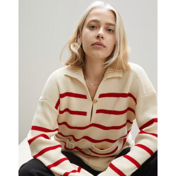 EVERLANE Womens Mariner Sweater XS Cream Red Stripe Merino Wool Blend NWT - Picture 1 of 15